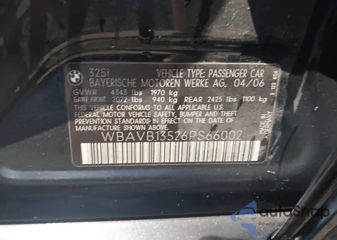 2006 BMW 325I из США, поврежденный, VIN WBAVB13526PS66002